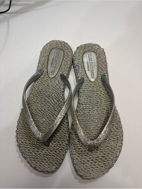 Ilse Jacobsen Metallic Silver Woven Flip-Flop Sandals